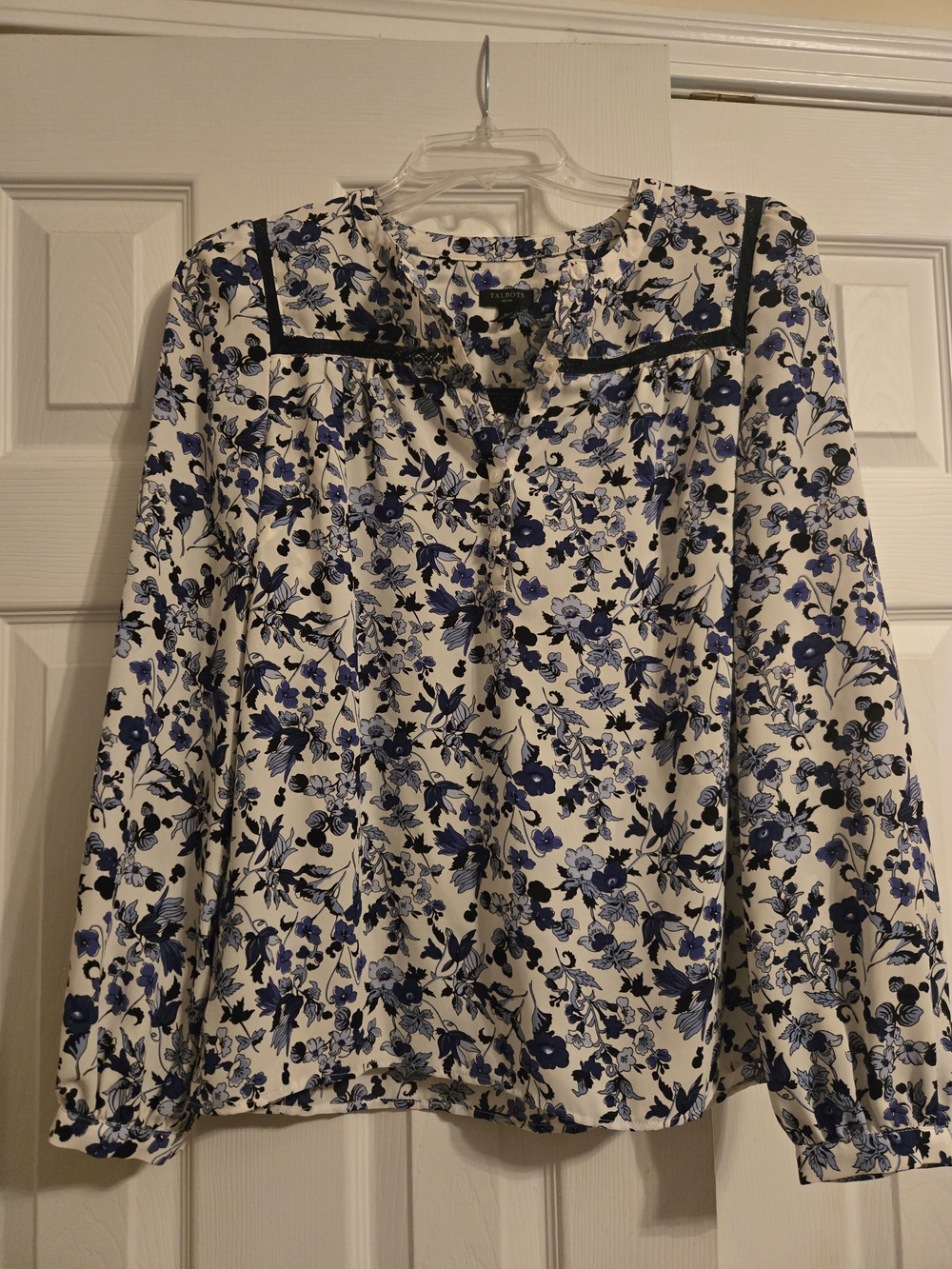 Talbots Feminine Cream and Blue Floral Peasant Blouse